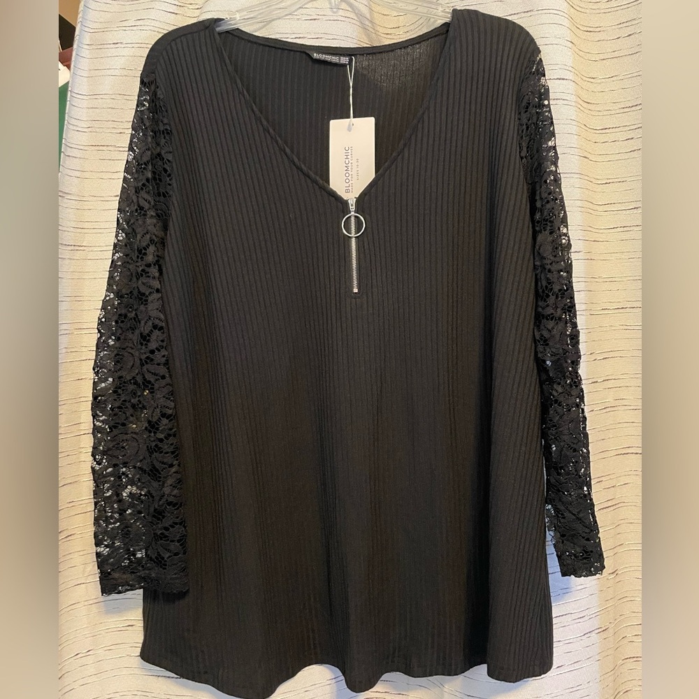 Ribbed Black Blouse with Lace Sleeves